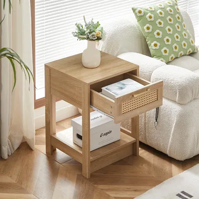 Produktbild von MODFU Rattan Beistelltisch Nachttisch mit Offener Stauraum und Schublade Geeignet für das Schlafzimmer Natur
