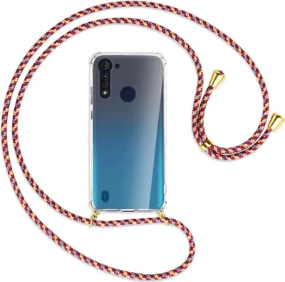 Produktbild von Handykette Backcover-Schutzhülle mit Band (Metall goldfarben) für Motorola Moto G8 Power Lite - weinrot/gelb/grau
