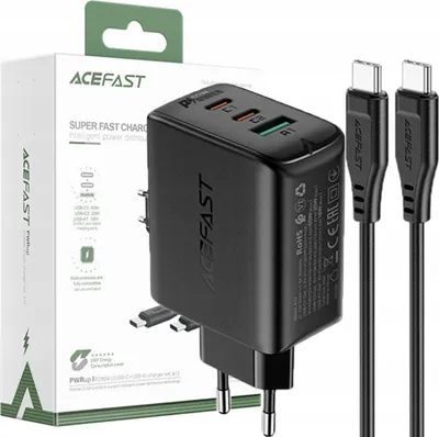 Immagine prodotto di Acefast 2W1 Caricatore di rete 2X Usb-C / Usb-A 65W, Pd, Qc 3.0, Afc, Fcp (Set con cavo Usb-C 1,2M) Nero (A13 Nero)