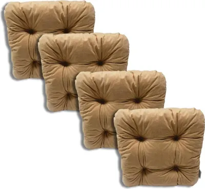 Four beige tufted seat cushions arranged diagonally on a white background.