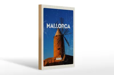 Produktbild von Holzschild Reise 20x30cm Mallorca Spain Retro Windmühle