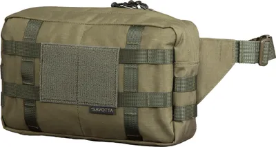 A green tactical hip pack with MOLLE webbing and a Velcro patch.