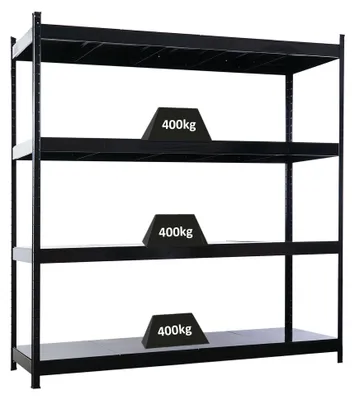 Produktbild von Profi Schwerlastregal HERCULES | HxBxT 200x200x60cm | 4 Stahlplatten-Ebenen | Fachlast 400kg | Schwarz | Metallregal Lagerregal Metall Steckregal Regal  60cm tief