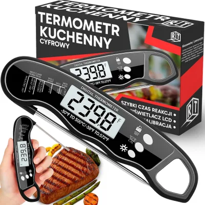 A digital kitchen thermometer is shown with a steak and asparagus, along with its packaging.