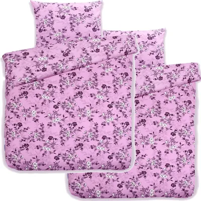 Produktbild von 4-tlg. Biber Winter Bettwäsche 2x (135x200 + 80x80 cm), flieder, Blütenmuster, Baumwoll Mischgewebe