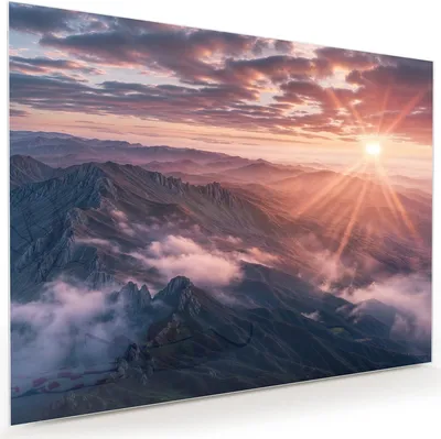 Produktbild von Glasbild 120x90cm in XXL für Wohnzimmer, Schlafzimmer Motiv Sonnenaufgang Berge