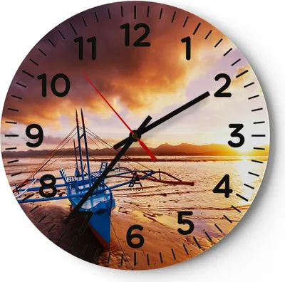Produktbild von Wanduhr - Rund - Glasuhr - Ufer Boot Strand - 30x30cm - Schleichendes Uhrwerk - Lautlos - zum Aufhängen bereit - Dekoration Modern - Wanddekoration aus Glas - C4AR30x30-3905