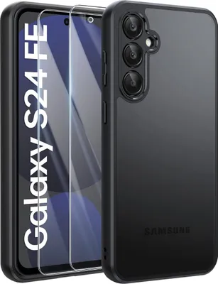 A black phone case and screen protector are displayed next to a smartphone.