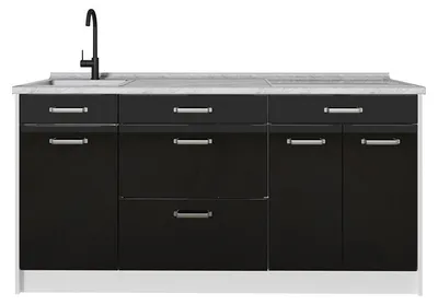 Produktbild von Küchenblock Vicco R-Line Schwarz Hochglanz/Weiß 160 cm Arbeitsplatte Marmor, Model 66639