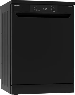 A black Sharp dishwasher shown from a three-quarter angle.