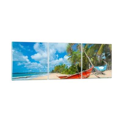 Produktbild von Bilder auf glas - Golf Ozean Palme Boot - 90x30cm - Glasbilder - Wandbilder - Kunstdruck - zum Aufhängen bereit - Wanddekoration aus Glas - Glas Bilder - Wandbild auf Glas - 3 Teile - GCA90x30-2388