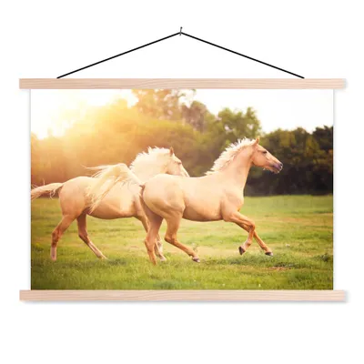 Obrázok produktu pre MuchoWow® Textilný plagát - Kone - tráva - slnko - 60x40cm - S hnedými lamelami