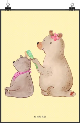 Produktbild von Mr. & Mrs. Panda Bild Bär Kind DIN A2 - Gelb Pastell - Geschenk, Muttertag, Mama, Familie, Plakat, wanddeko, Deko, drucke, Wandbild, Bären