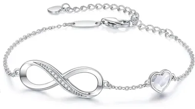 Image de Bracelet pour femme "Infinity", avec un motif cœur et des cristaux, en argent sterling 925, disponible en rose gold ou en acier inoxydable