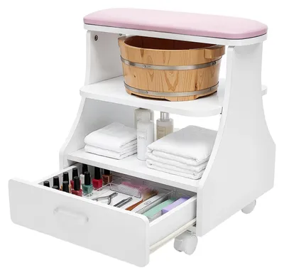 Produktbild von Maniküre- und Pediküre-Rollwagen – 3-stufig, rosa mit Fußstütze