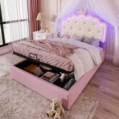 Produktbild von AIORBER Polsterbett, 140x200cm, mit Lattenrost, Hydraulisches Boxspringbett mit Stauraum, Kronprinzessin Styling, LED Umgebungslicht, Kinderbett, Rosa