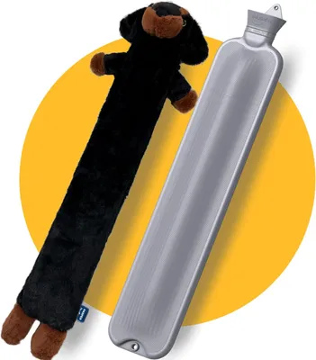 Productafbeelding van XXL warmwaterkruik lang en groot, 3,5 liter met overtrek, naadloze uitvoering, teckel hond, zachte warmwaterkruik overtrek