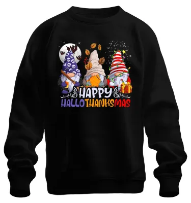 Productafbeelding van Happy Hallothanksmas Kabouters Halloween Thanksgiving Kerstmis Uni Sweater, Zwart, XL