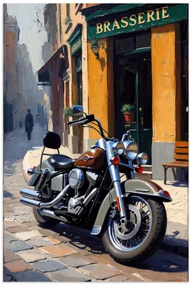 Produktbild von ARTland Wandbild Alu für Innen & Outdoor Eine parkende Harley vor einem Brasserie Größe: 40x60 cm