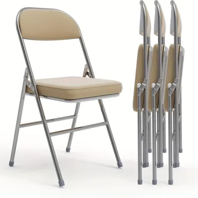 Zdjęcie produktu dla Zestaw czterech szarych, metalowych, składanych krzeseł z tapicerką skórzaną i ergonomiczną konstrukcją