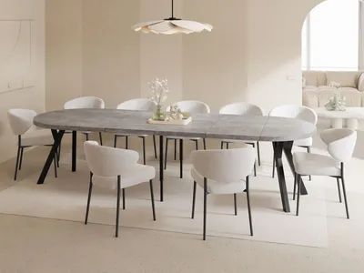 Produktbild von Esstisch Rund Groß XXL Ausziehbar im Loft-Stil – 100 bis 300 cm – Extra Lang Ausziehtisch mit Schwarzen Holzbeinen, Industrieller Tisch für 5-16 Personen – Esszimmertisch – Grauer Beton