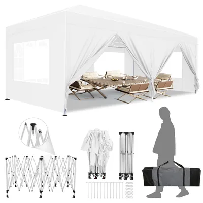 Produktbild von Faltpavillon Pavillons & Partyzelte 3x6m Wasserdicht Stabil UV-Schutz mit 4 Seitenteilen und 2 Eingängen, Gartenpavillon für Garten/Party/Hochzeit/Picknick , Weiß