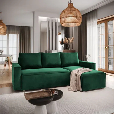 Zdjęcie produktu dla Masseno Narożnik SILES z funkcją spania i pojemnikiem na pościel Kształt L, Rozkładana sofa, Rogówka - Butelkowa zieleń, MONOLITH 37