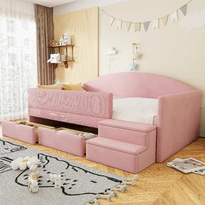 Obrázek produktu pro Dětská postel 90x190 cm, potažená sametem, v růžové barvě, se dvěma zásuvkami, polstrovaným zábradlím a stupínky. Polstrovaná postel bez matrace, vhodná do ložnice