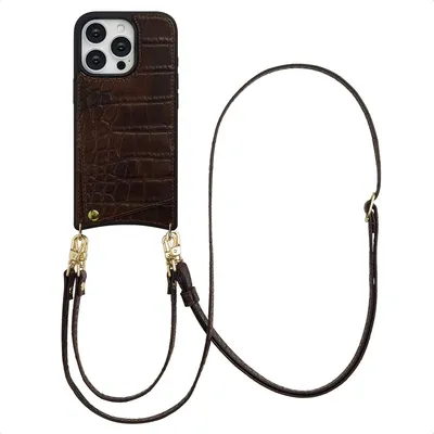 Zdjęcie produktu dla Etui na telefon Selencia Nova Croco ze sznurkiem i uchwytem na kartę do Apple iPhone 16 Pro - Choco Brown