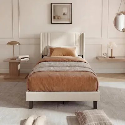 Image de ProximaX Lit simple pour adolescent 90 x 200 cm Lit rembourré avec sommier à lattes, lit en bois massif Tissu en lin, lit pour enfant Lit d'appoint, beige