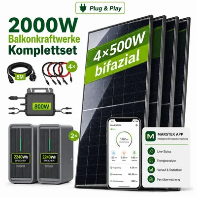 Produktbild von Balkonkraftwerk 2000W mit 4,48kWh Speicher, Marstek B2500-D, 4x500Wp bifaziale Solarmodule, 800W Mikrowechselrichter, 5m Anschlusskabel, Komplettset