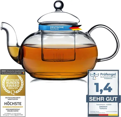 Produktbild von Dimono Teekanne aus Glas 1,5 Liter mit integriertem Edelstahl-Sieb – Hitzebeständige & mundgeblasene Borosilikat Glaskanne für losen Tee