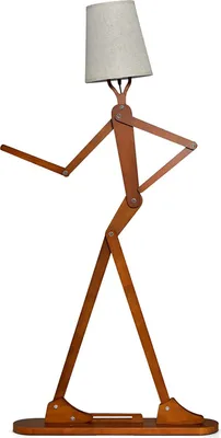 A wooden floor lamp with a humanoid design and a beige lampshade.
