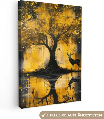 Obrázek produktu pro OneMillionCanvasses® - Obraz na plátně - Strom - Obraz - Jelen - Příroda - Zlatý, nástěnná malba, nástěnné dekorace obrazy obývací pokoj, 80x120cm