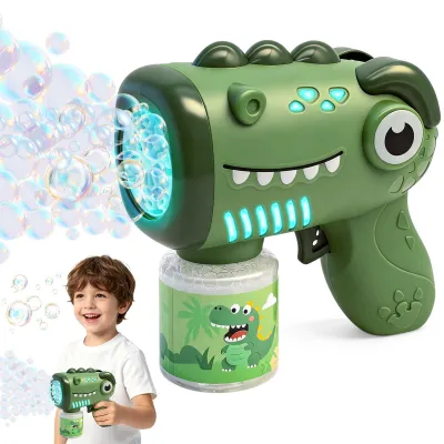 Imagen del producto de Máquina de burbujas con forma de dinosaurio, pistola automática de burbujas con líquido de recarga, luces LED, ideal para