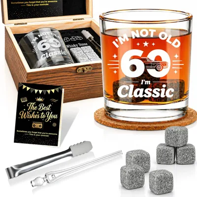 Whisky-Set 60. Geburtstag: Holzkiste mit Steinen, Glasstrohhalm, Zange