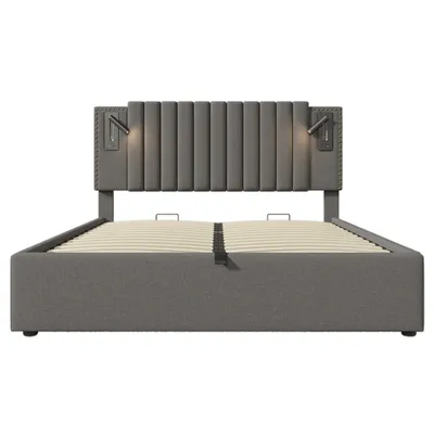 Produktbild von Polsterbett 140x200,Doppelbett (Ohne Matratze) Stauraumbett Mit Leselicht und USB Ladefunktion Mit Bettkasten Nietendesign Baumwolle Grau