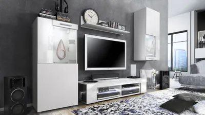 Produktbild von Vladon Wohnwand Movie, Anbauwand bestehend aus 1 TV-Board, 2 Vitrinen und 1 Regal, Weiß matt/Weiß matt/Weiß Hochglanz inkl. LED-Beleuchtung weiß (Gesamt: 300 x 190 x 39 cm)