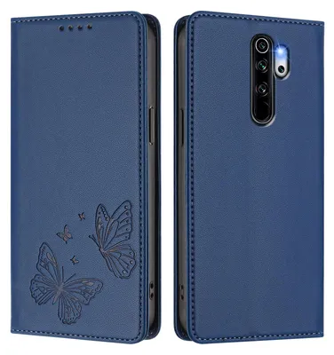 Produktbild von Lederhülle für Xiaomi Redmi Note 8 Pro, Schmetterling Prägung Leder Brieftasche Schutzhülle mit Ständer Dunkelblau