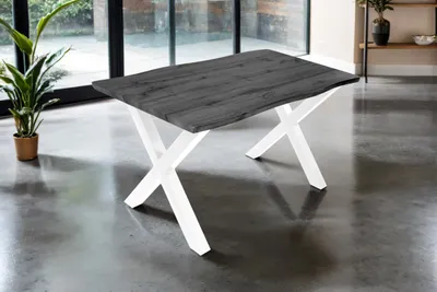 Produktbild von Esstisch Josy | 140 x 80 cm | Holz-Optik in Grau | X-Gestell Metall Weiß | 40 mm Tischplatte mit Baumkante | Tisch für Esszimmer & Küche