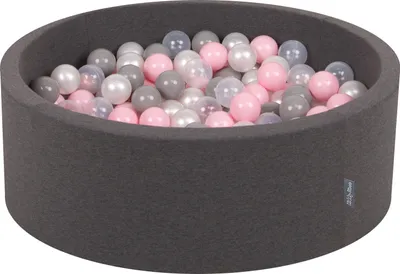 Zdjęcie produktu dla KiddyMoon suchy basen okrągły z piłeczkami 7cm ciemnoszary: perła-szary-transparent-pudrowy róż 90x30cm/300piłek zabawka basen piankowy