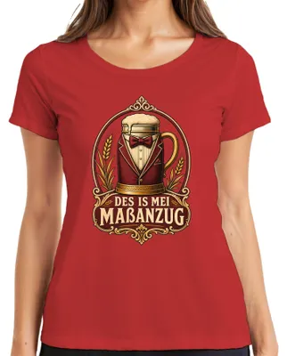 Obrázek produktu pro Tričko s potiskem "Des is mei Maßanzug" (To je můj oblek), motiv: pivo, , tradiční bavorské oblečení (Lederhose a Dirndl), dámské, červené, velikost M