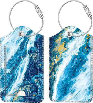 Produktbild von [2 Stück] Fintie Kofferanhänger mit Adressschild, Kunstleder Gepäckanhänger ID Etikett mit Edelstahl Drahtseil und Namenschild für Reisetasche Koffer, Meeresblau