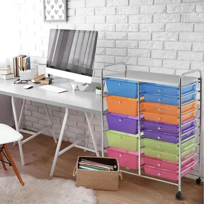 Image de Caisson à roulettes - Caisson à 15 tiroirs - Structure métallique - Avec roulettes - Tiroirs en plastique empilables - Pour la salle de bain et le bureau - Violet