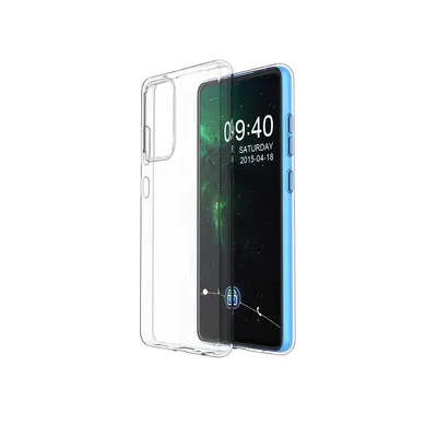 A transparent phone case is shown next to a smartphone.