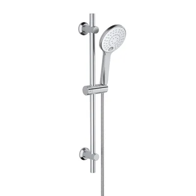 A chrome shower head set with a hose and adjustable bracket is shown against a white background.