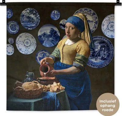 Produktbild von MuchoWow® Wandteppich Wandbehang Milchmädchen - Das Mädchen mit dem Perlenohrring - Vermeer 60x60 cm Tapisserie Dekoration Wandtuch - Dekorationen - Wand Decke