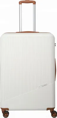 A white trolley suitcase with brown accents and a silver telescopic handle, shown against a white background.
