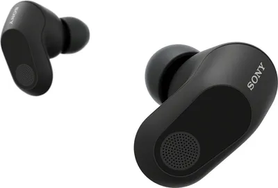 Two black Sony wireless earbuds are shown against a white background.