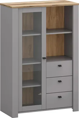 Productafbeelding van Glazen vitrinekast Latour, presentatievitrine 90x42x135 cm, grijs eikenhout, model Delano